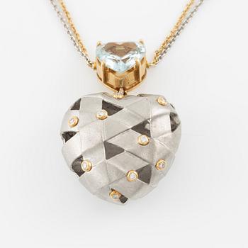 Charlotte Lynggaard, Ole Lynggaard, necklace 18K gold with heart-shaped aquamarine and brilliant-cut diamonds.
