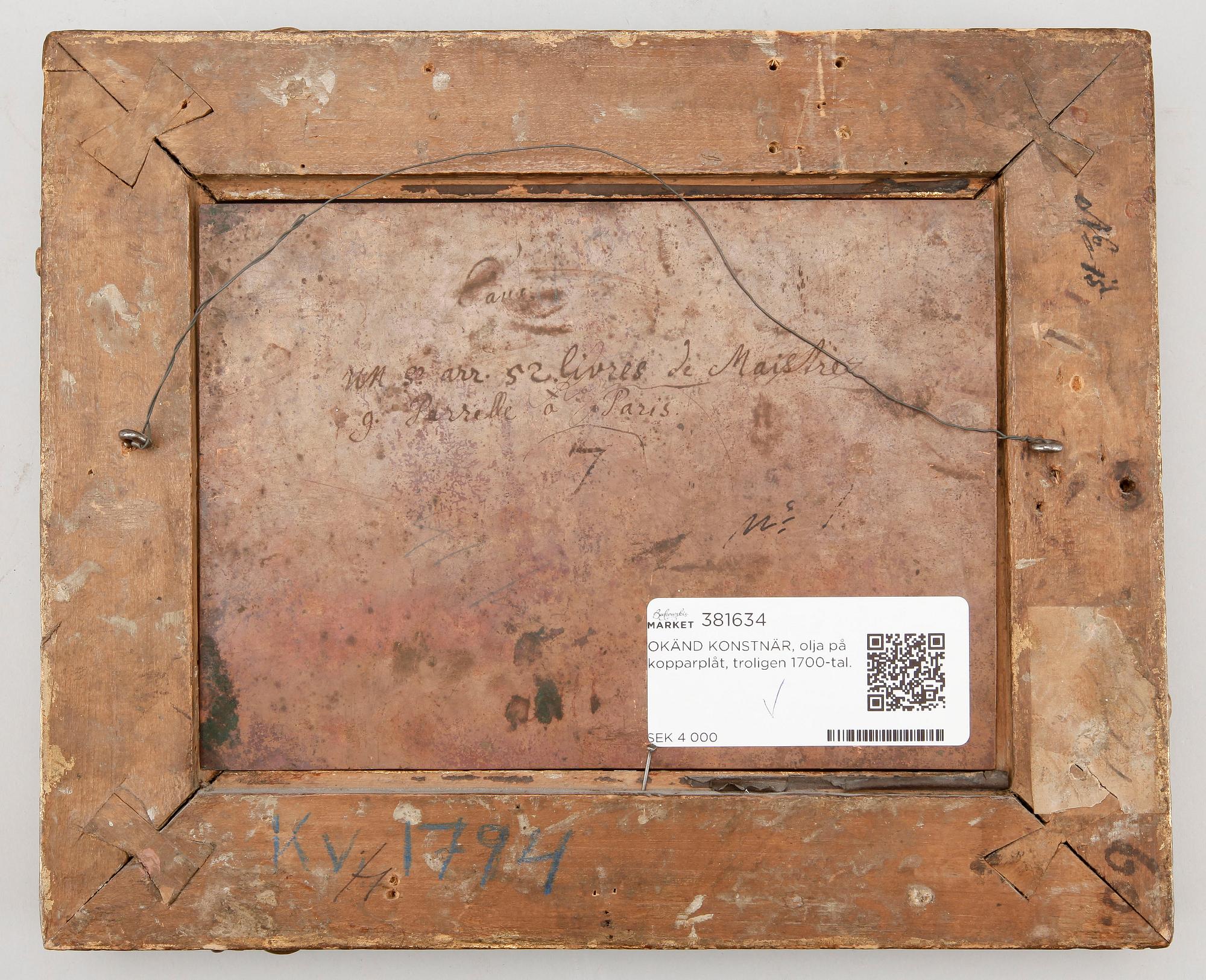 OKÄND KONSTNÄR, olja på kopparplåt, troligen 1700-tal.