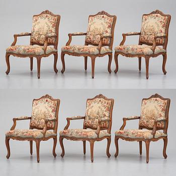 A set of six Louis XV armchairs, mid 18th century.