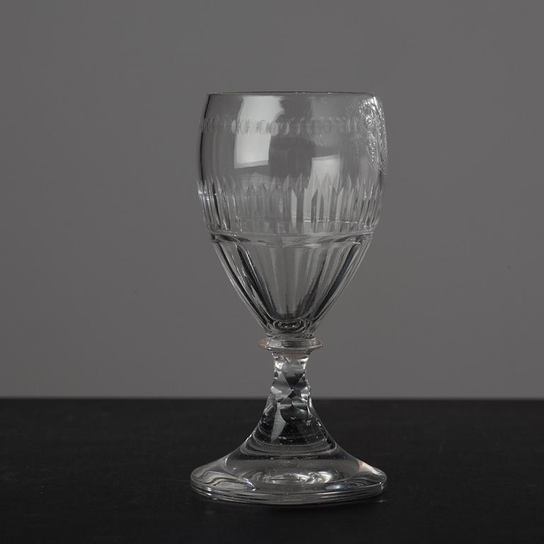 A large bottle and six glasses, Sweden, Reijmyre glassworks, circa 1810. Engraved by Anders Spolander.