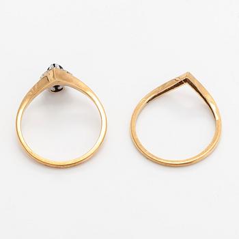Rings, 2 pcs, faceted sapphire, brilliant- and 8/8-cut diamonds, 18K gold.
