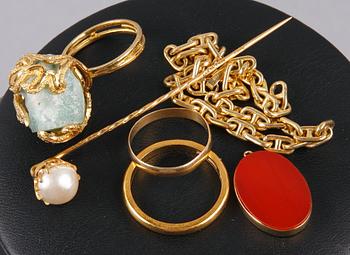 PARTI GULD, 6 delar, guld 9-18 K, bla Sverige och Italien, 1900-tal. Totalvikt 35 gram.