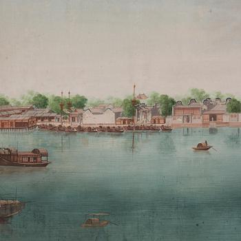 A pair och Chinese Export paintings depicting the Hongs of Canton and buildings along the river, late 18th century.