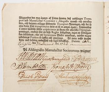 Aktiebrev, Ahlingsåhs Manufaktur Werk (Manufactur-Societet), No 43, 1728.