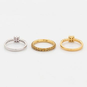 Yellow and pink sapphire and brilliant-cut diamond three rings.
