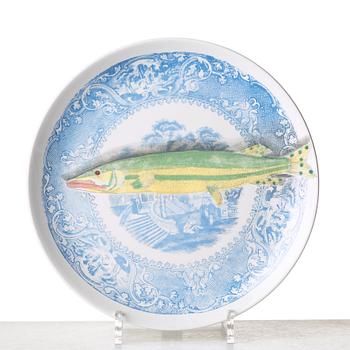 Piero Fornasetti, a set of six "Piscibus" porcelain plates, Milano, Italy.