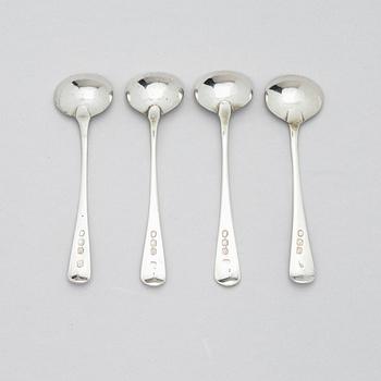 Four English 18th century silver salt-cellars, mark of William Fountain & Daniel Pontifax, London 1791, and spoons.
