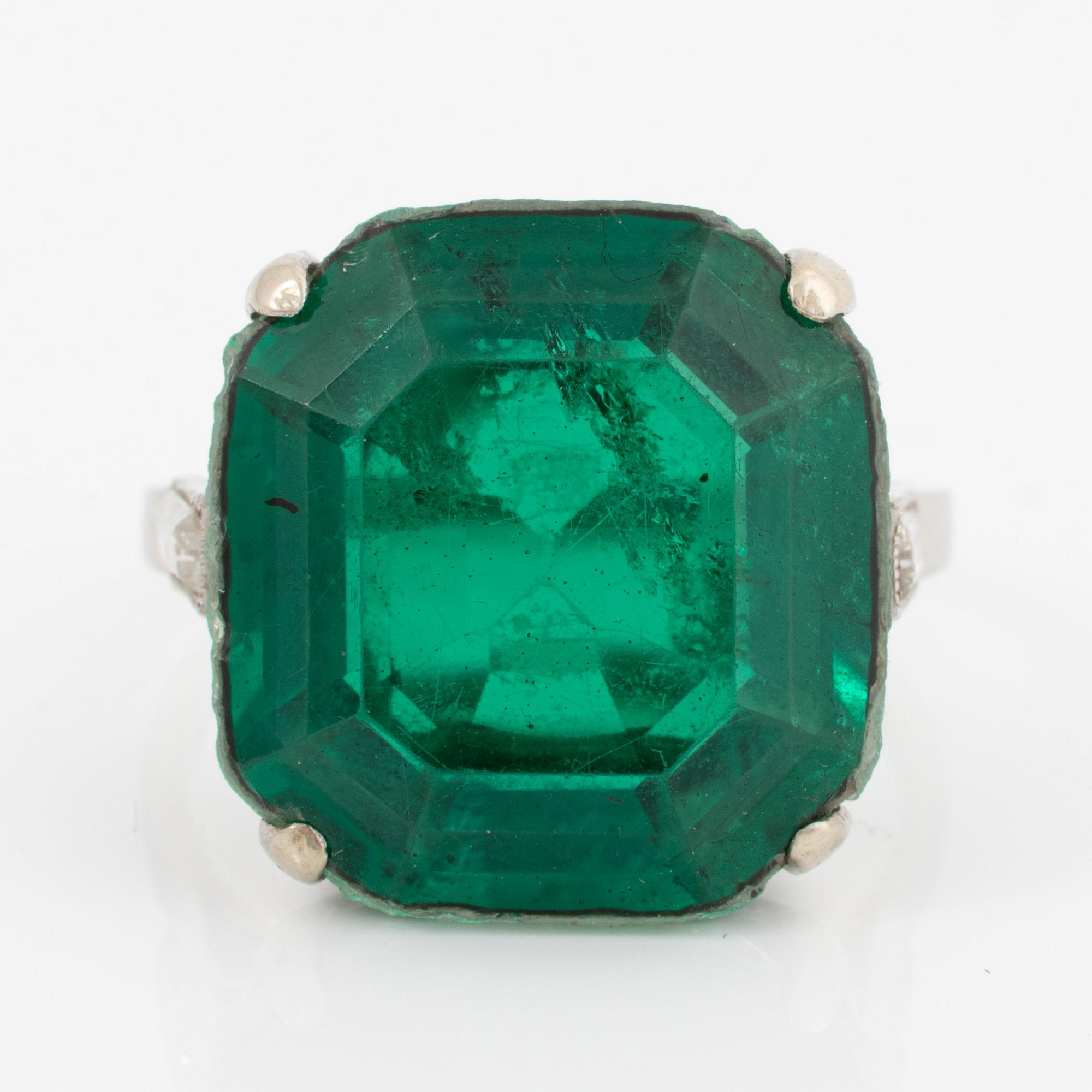 Ring, cocktail ring, platinum with synthetic emerald and baguette-cut diamonds, probably circa 1960s.
