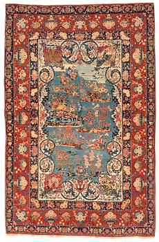 1265. SEMI-ANTIQUE ESFAHAN FIGURAL PART SILK. 236 x 154,5 cm (one end has 1 cm of flat weave, one has 2 cm of flat weave.