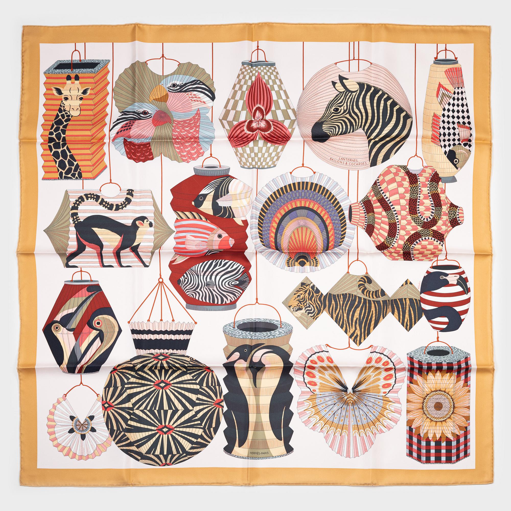 Hermès, a 'Lanternes, Ballons et Cocardes' twill silk scarf.