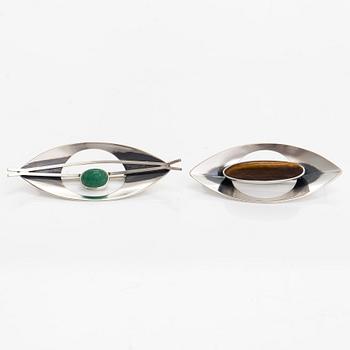 Elis Kauppi, Two silver broocher, with an aventurine quartz and tiger's eye. Kupittaan kulta, Turku 1959 and 1961.