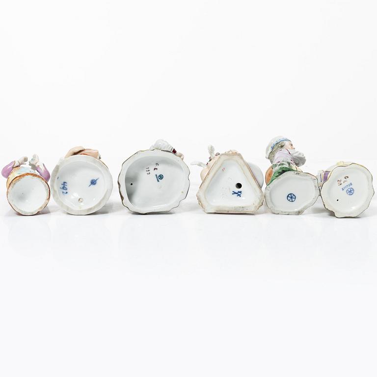Six porcelain figurines, including Meissen and Höscht, Germany, 19th-20th century.