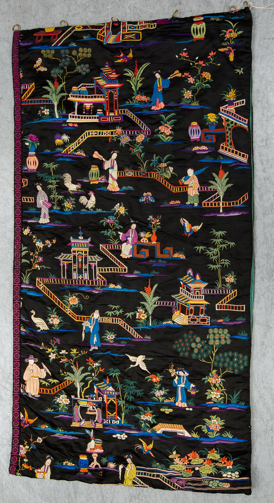 Three Chinese textiles, silk and cotton, 20th century.