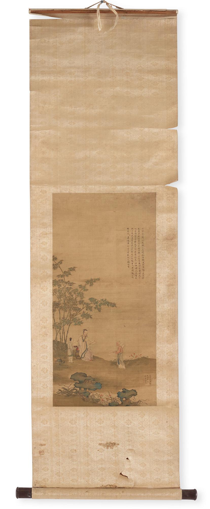 Rullmålning, färg och tusch på siden lagd på papper. Qing dynastin, troligen 1700-tal.