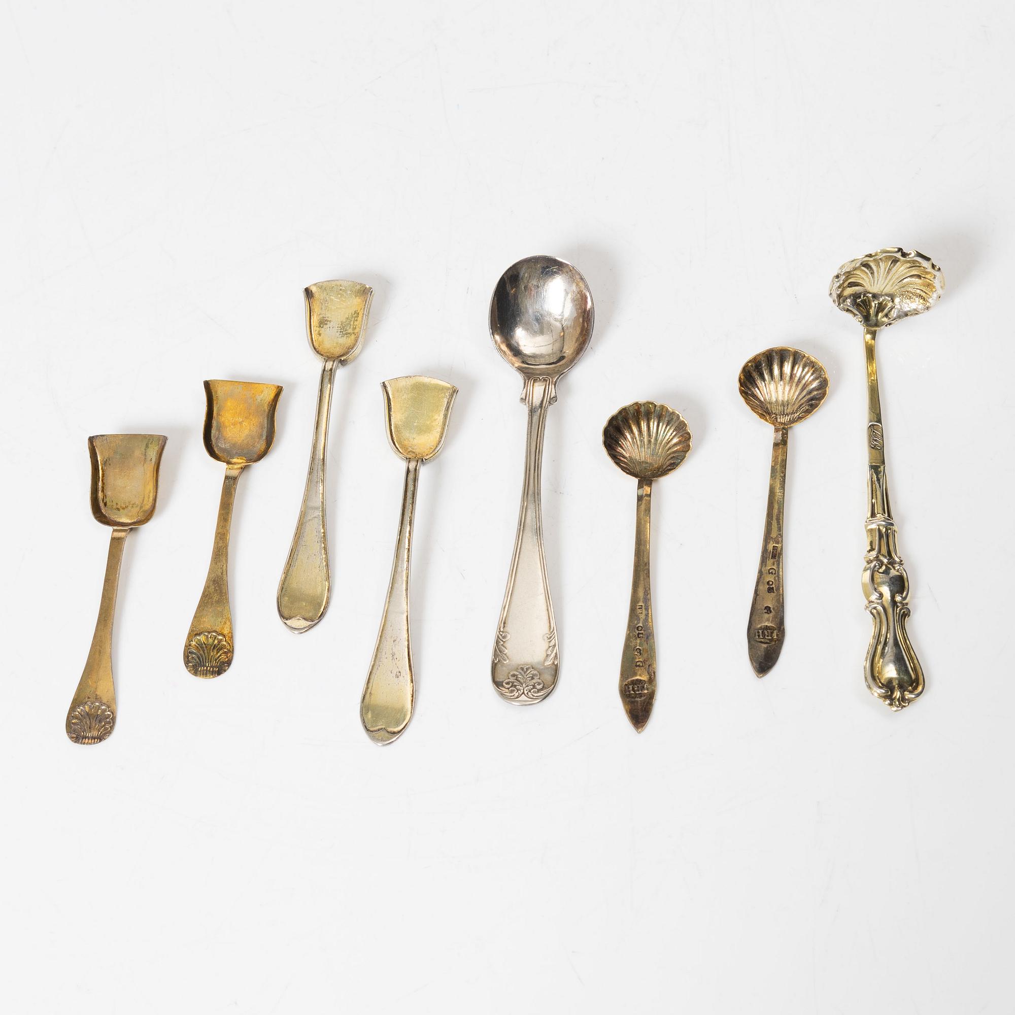 Butter dish, three pairs of salt spoons, and two mustard spoons, Sweden, 19th Century.