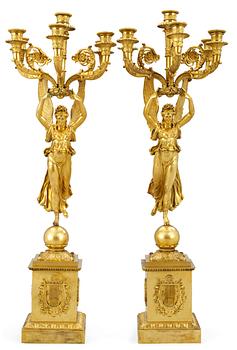 1022. A pair of French Empire six-light candelabra.