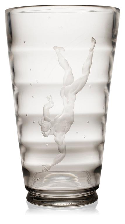 A Vicke Lindstrand glass vase "Pärlfiskare", Orrefors 1935.