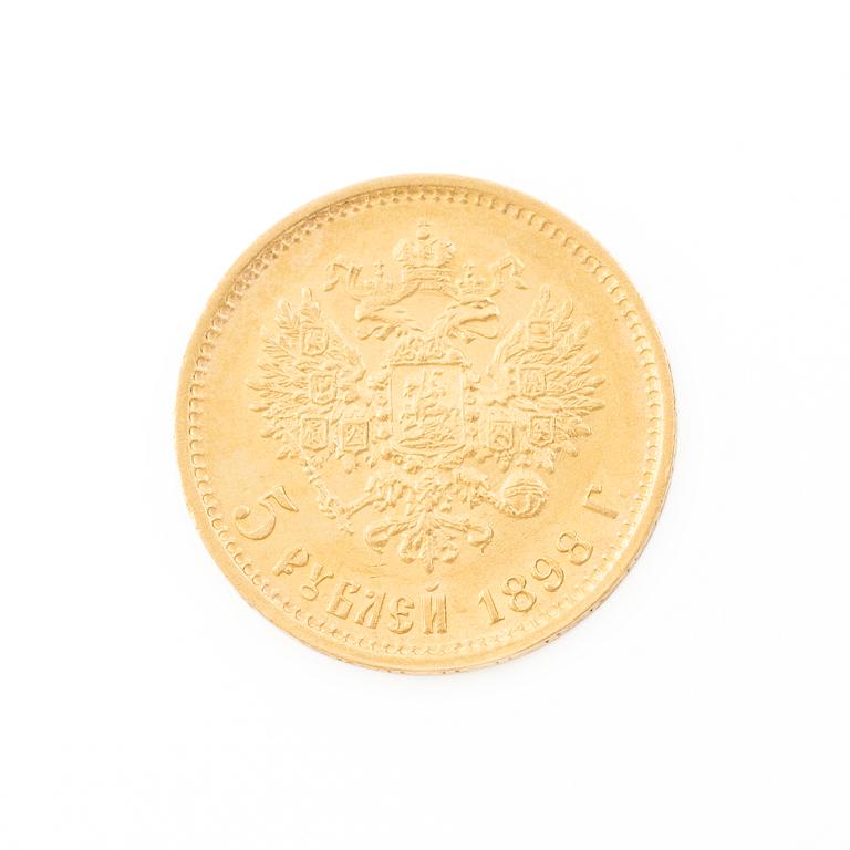 Guldmynt, Nikolaij II, Ryssland, 5 Rubel, 1898.