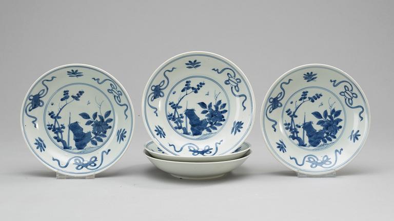 A set of five blue and white 19th Century Japanese bowls.