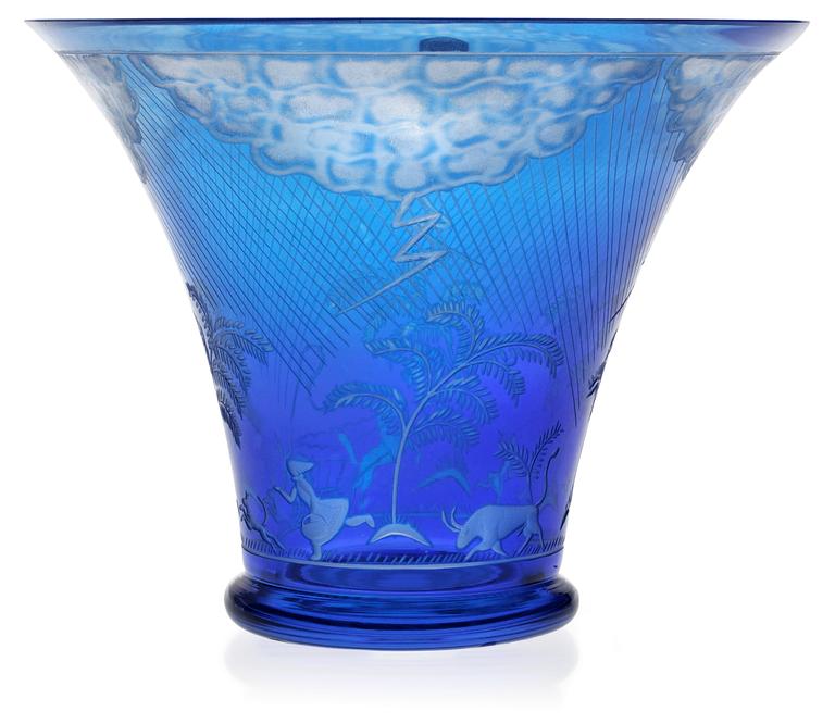 An Edward Hald engraved blue glass bowl, 'Åskväder' (Thunderstorm) Orrefors 1977.