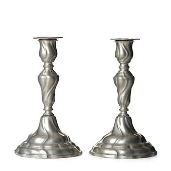 89. A pair of Swedish Rococo pewter candlesticks by E P Krietz, made in Stockholm 1772.