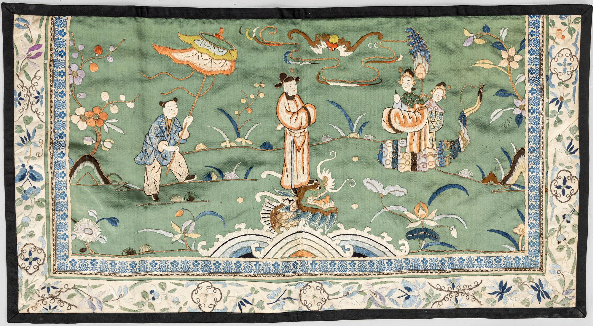 A group lot of embroidered silk textiles and a silk sowing purse, late Qing dynasty/early 20th century.