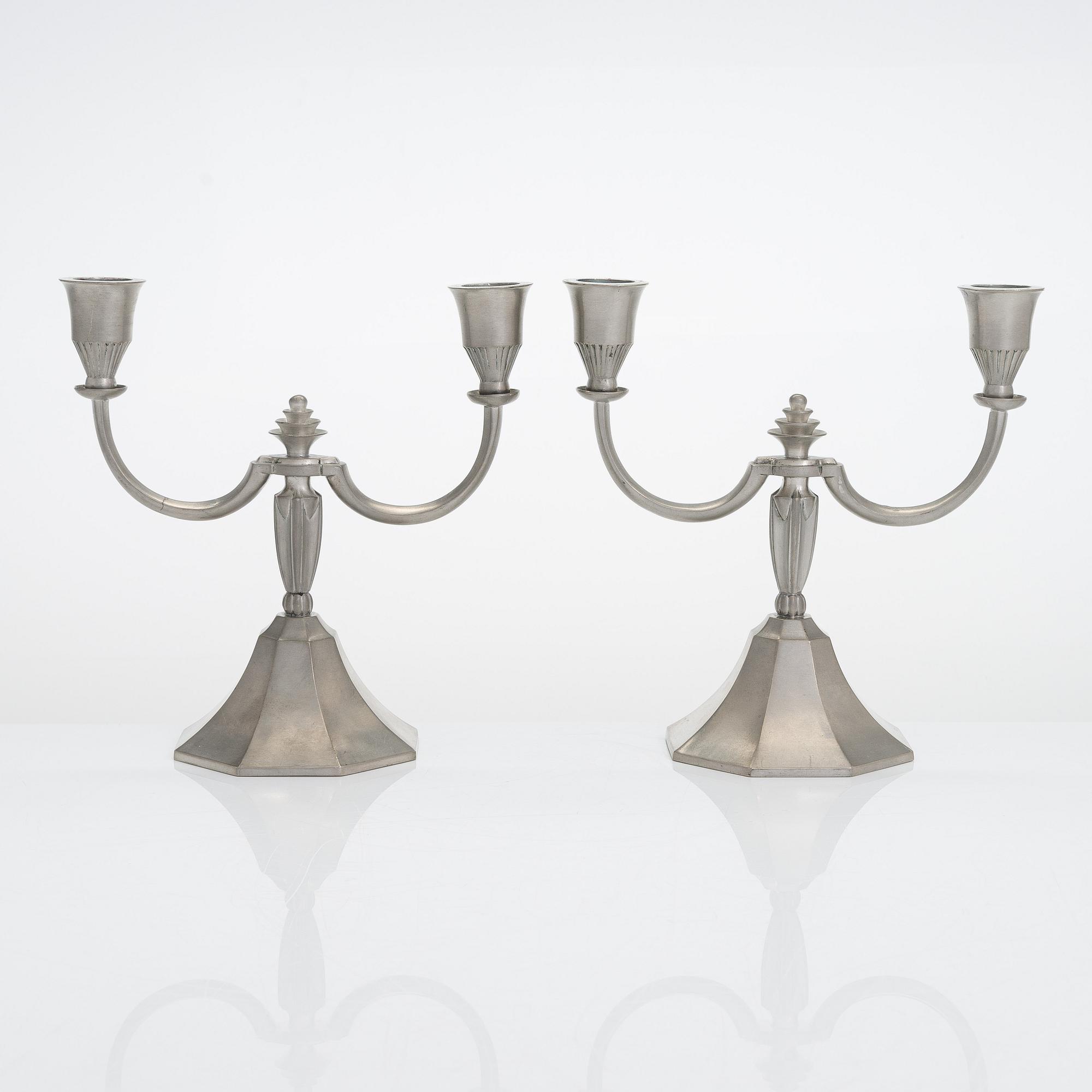 Just Andersen, A pair of danish pewter candelabra.