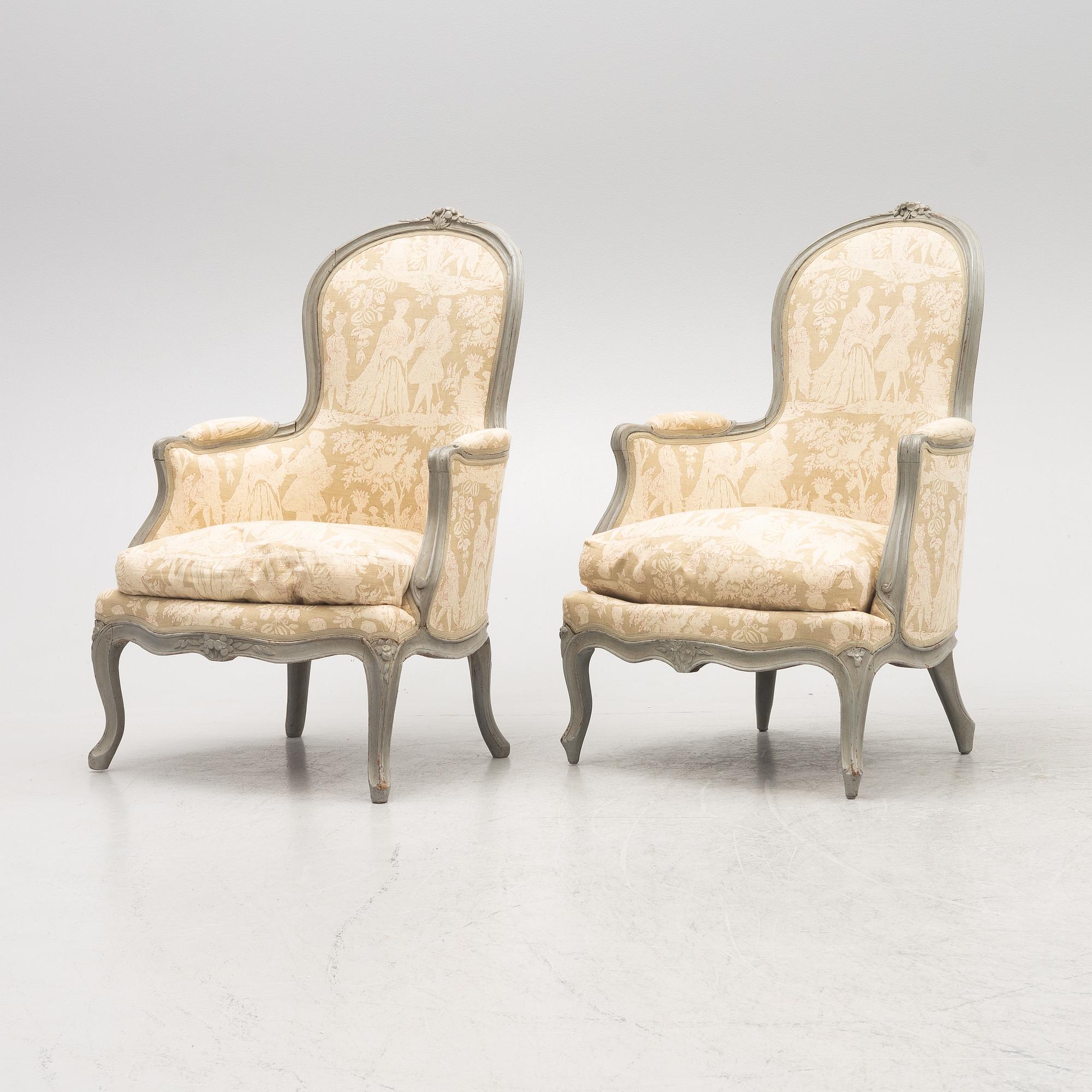 Bergeres, a pair of similar, Louis XV, signed J.C. Briois (active in Paris 1766-1782).