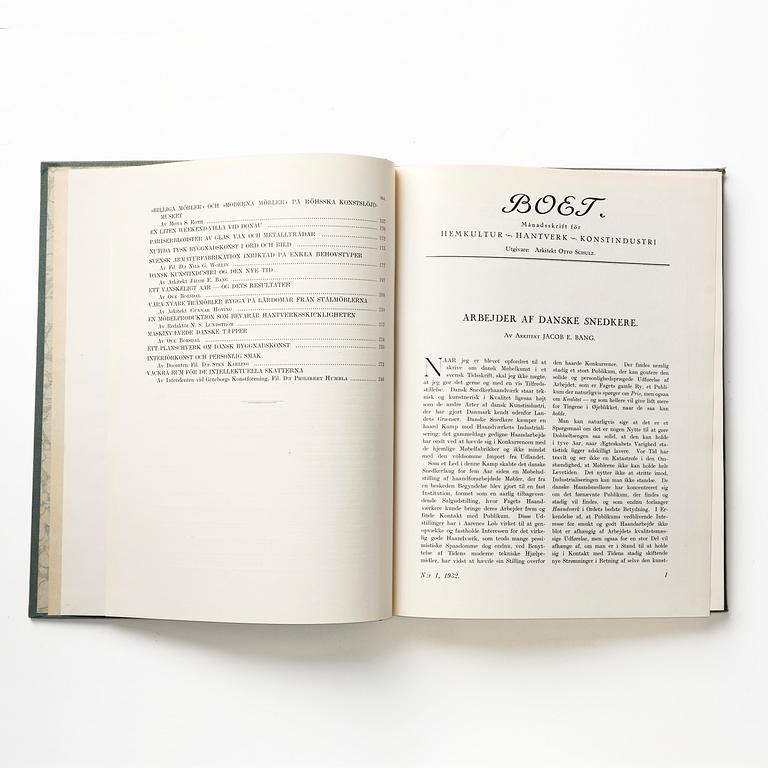 Otto Schulz, "Boet" magazine, bound volumes 1928, 1931-33, loose issues + three "Nya Möbler" and the 1945 jubilee publication.
