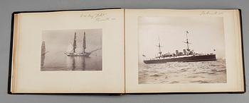 ALBUM, fotografi/vykort, ca 60 st, Örlogsfartyg, 1800-talets slut.