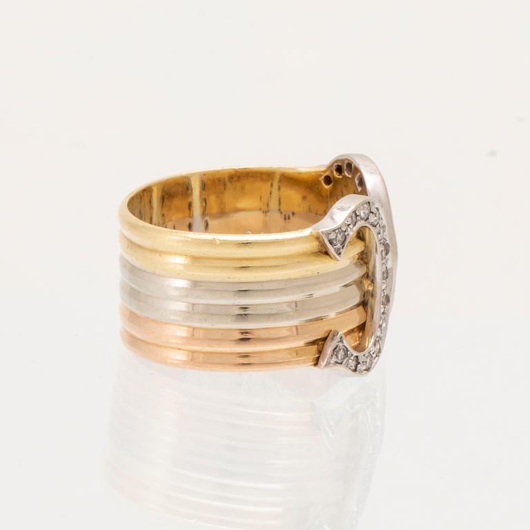 A Cartier "Double C" ring 18K tricolor gold set with round single-cut diamonds.