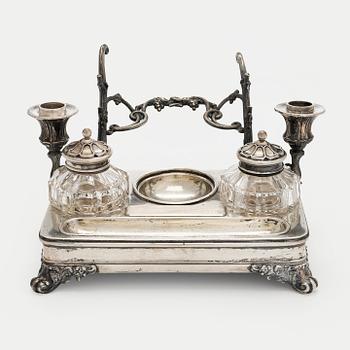 J.E. Fagerroos, a silver and glass ink stand, Helsinki 1881.
