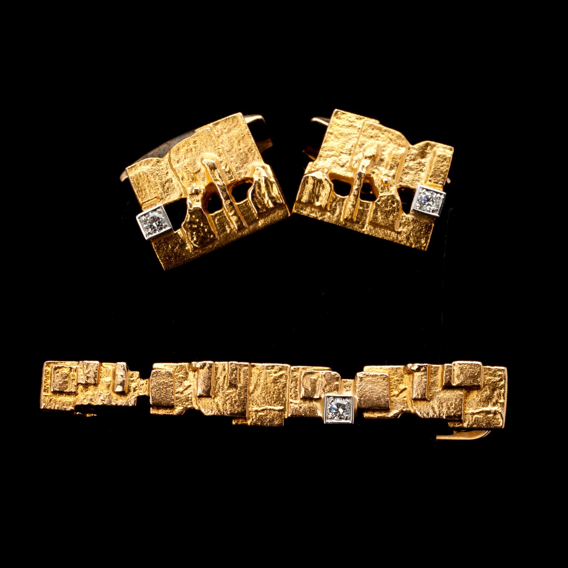 SLIPSNÅL och MANCHETTKNAPPAR, guld 14K, små diamanter, "Crust of Ice" Björn Weckström Lapponia. Vikt 16,6.