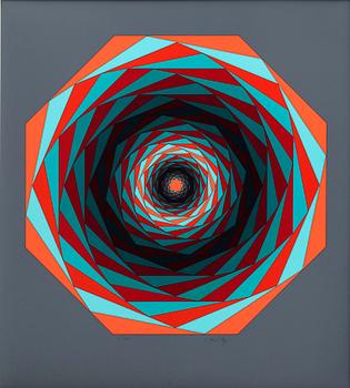 VICTOR VASARELY, "JALONS" SIX SERIGRAPH AND A PLEXIGLASS 'Optometri', NUMBERED EA 4/30 AND SIGNED.