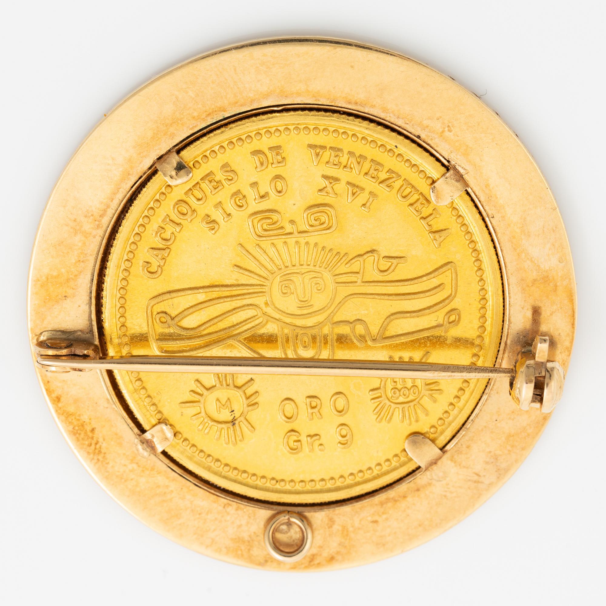 Brosch, 18K guld med guldmynt/medalj Venezuela.