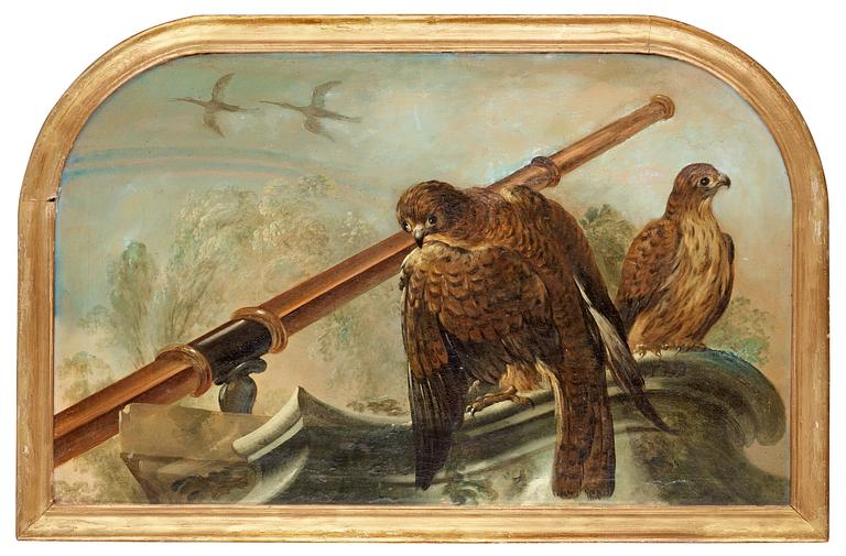 Motif with falcons and spotting scopes.