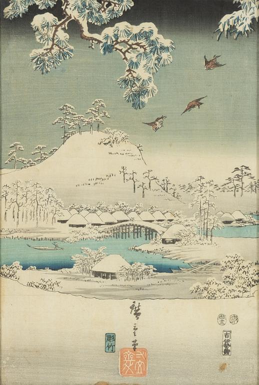 Ando Hiroshige, delvis efter, tre träsnitt samt Gekko "Elegant dam spelandes instrument".