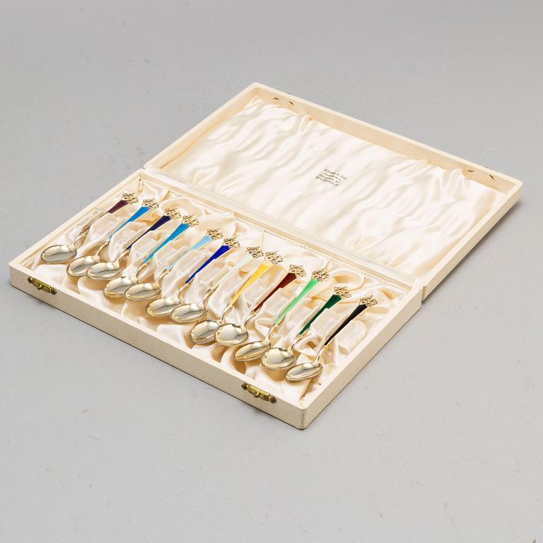 Twelve sterling silver and enamelled spoons, Norway.