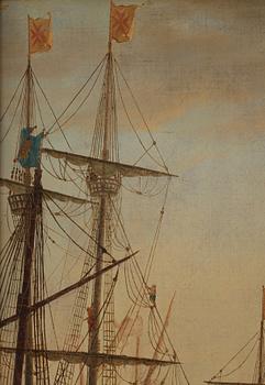 Hamnbild med Villa Medici och handelsmän.