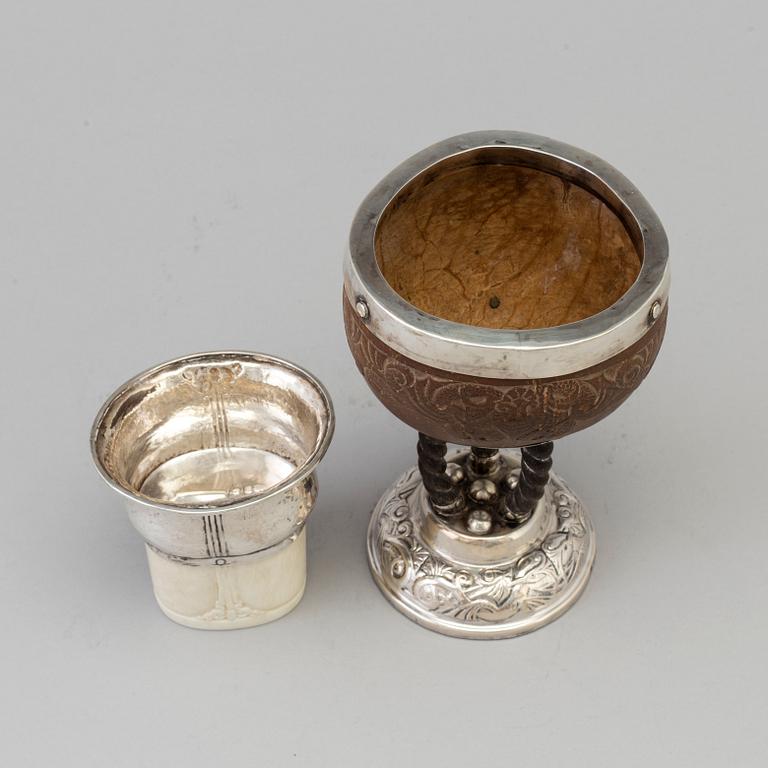 A Swedish Art Nouveau silver and coconut stemcup and a silver and ivory beaker, Makers mark Märta af Ekenstam, Malmö.