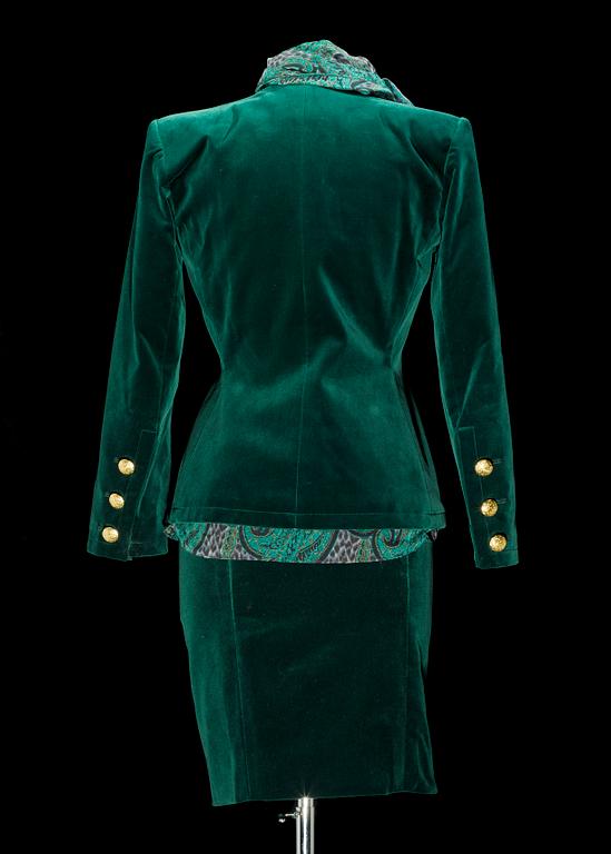 A green velvet jacket by Yves Saint Laurent.