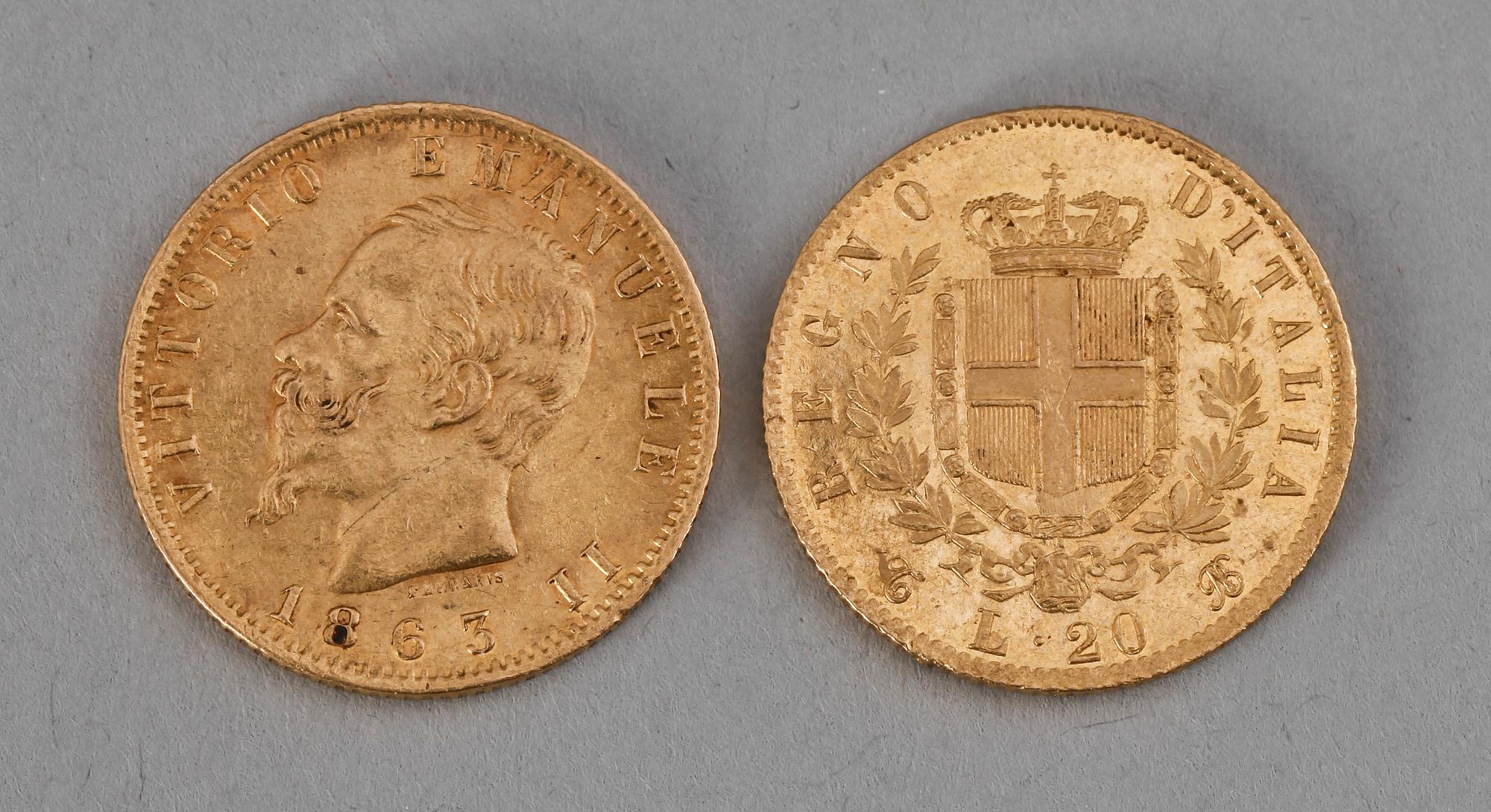 MYNT, 2 st, guld 21K, 20 Lire Vittorio Emanuelle II, Italien 1863 resp 1865. Totalvikt ca 13 gram.