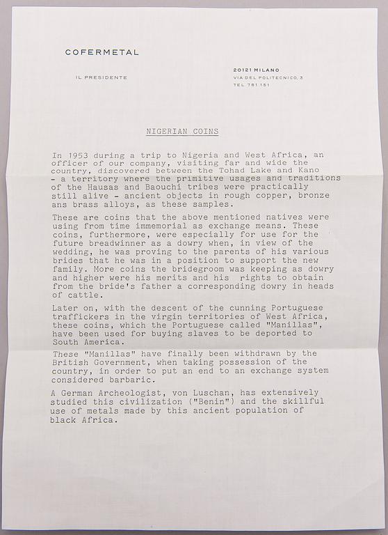 PARTI MYNT / ARMRINGAR, 6 st, kopparlegering, Nigeria 1900-tal.