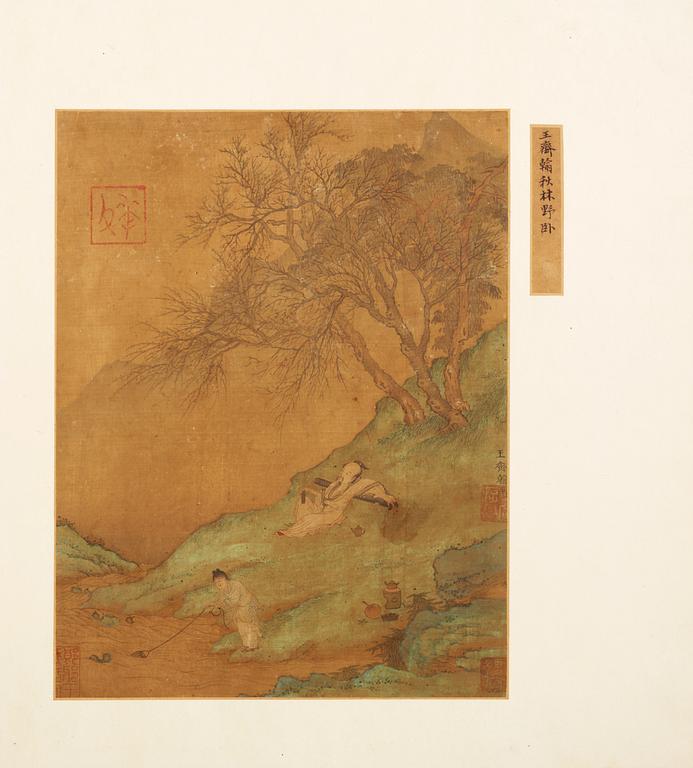 ALBUM, med 12 MÅLNINGAR/FRAGMENT samt 3 KALLIGRAFIER. "Song hua ji jin ce", Qing dynastin, troligen 16/1700-tal.