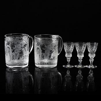 VICKE LINDSTRAND, three vodka glasses and two beer glasses, 'Dalecarlia' from Kosta.