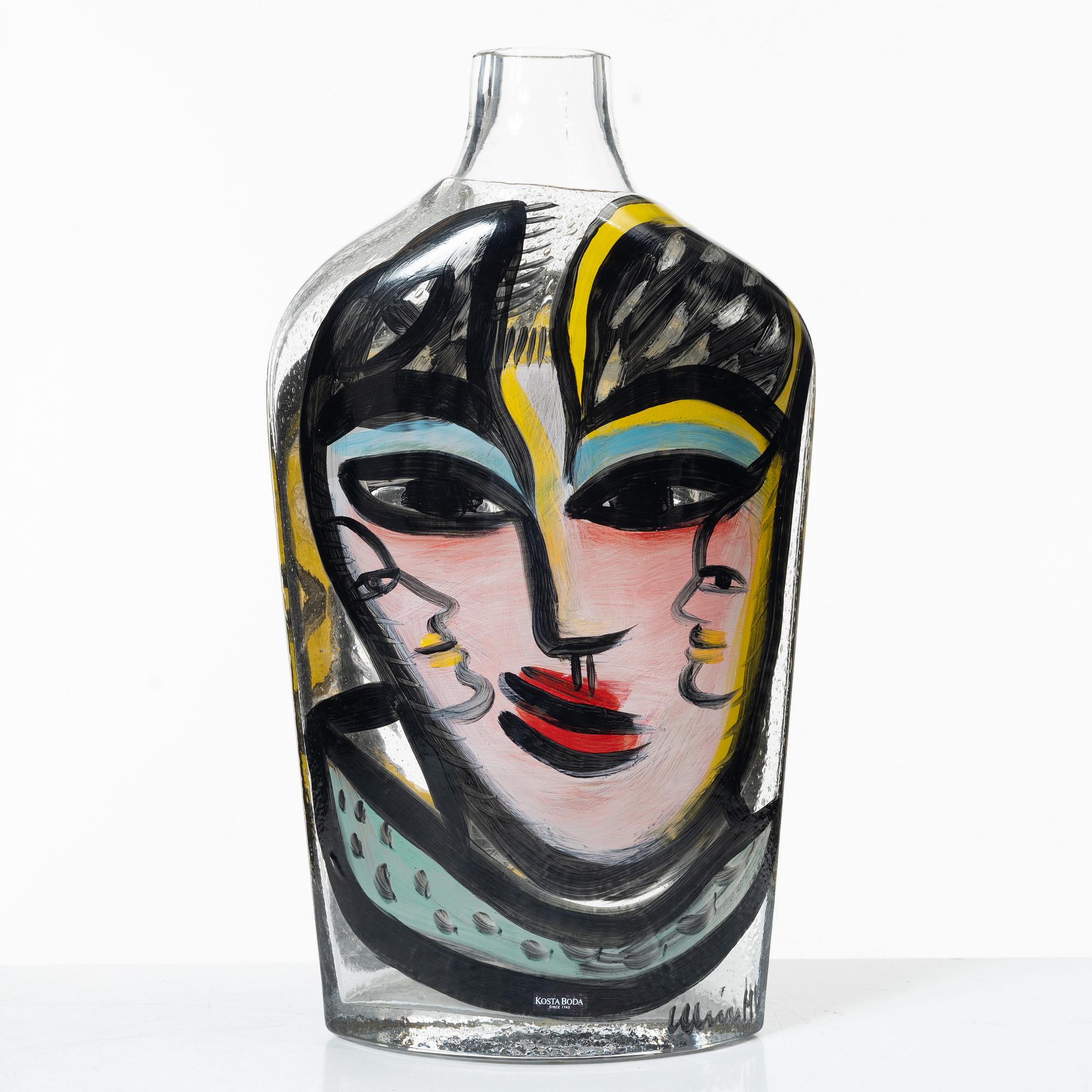 Ulrica Hydman-Vallien, a painted glass vase, Kosta Boda, ed 8/30.