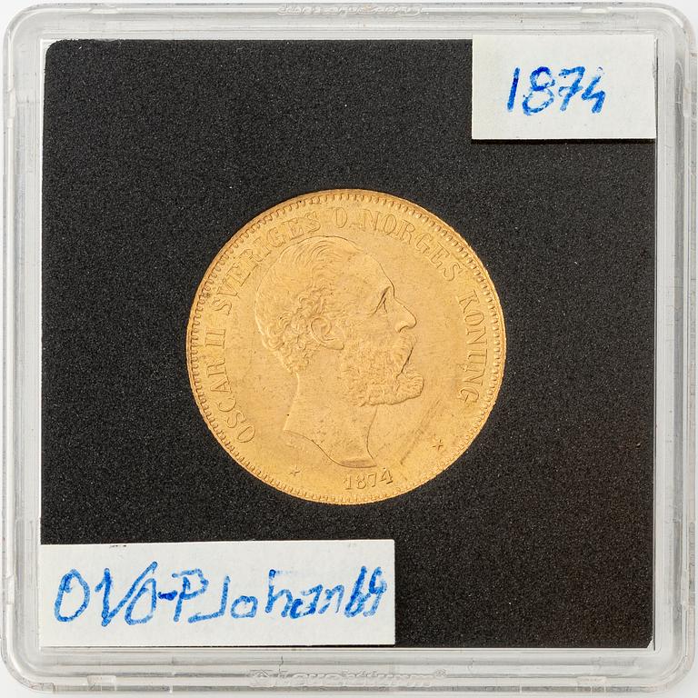 Guldmynt, Oscar II, 20 kronor, typ I, Sverige 1874.