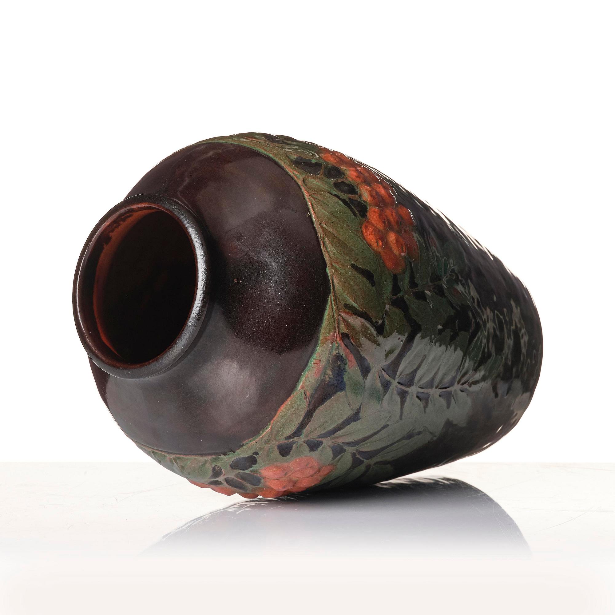 Hilma Persson-Hjelm, a glazed earthenware art nouveau vase, executed in her own studio, Arvika 1913. No 2241.