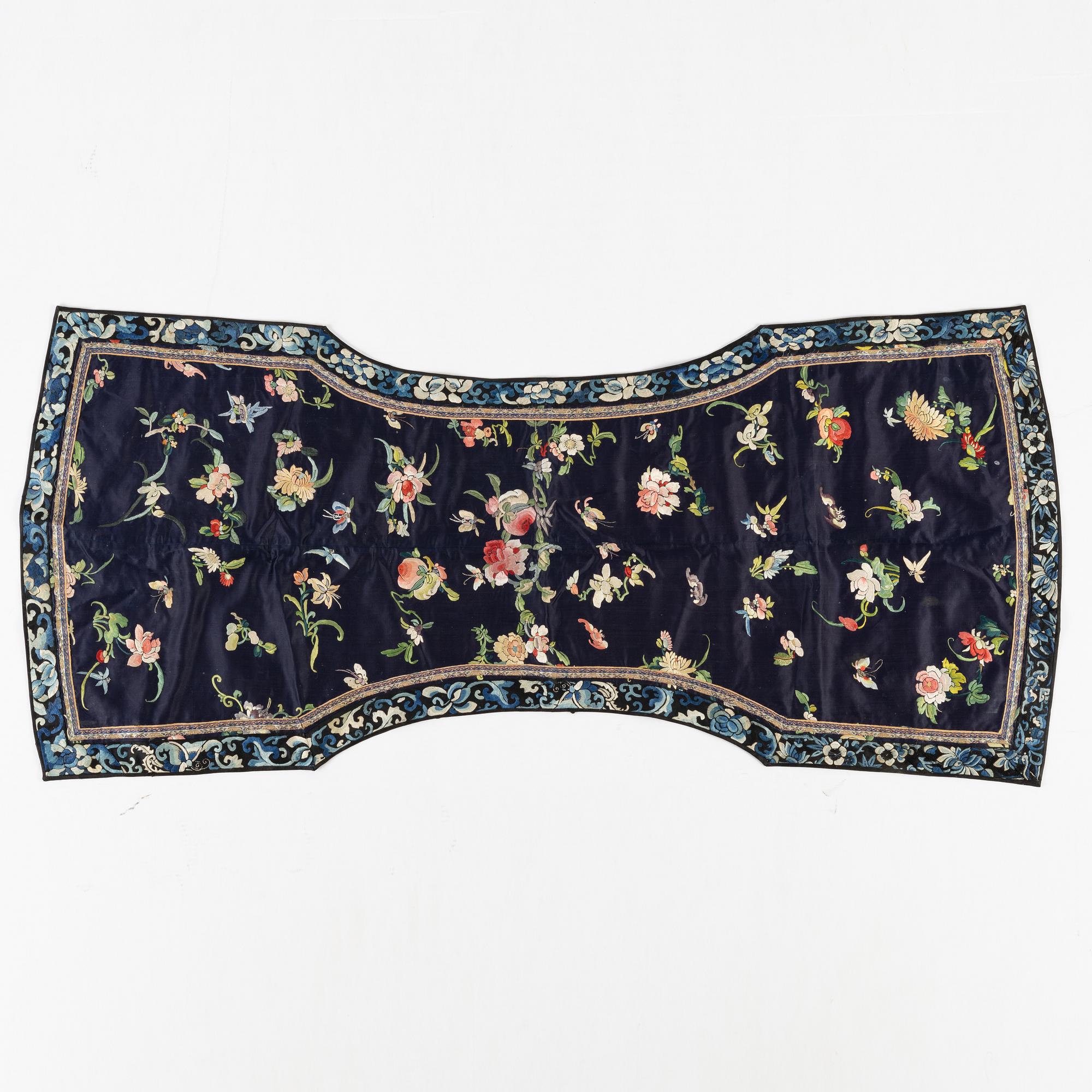 A collar a vest and two Chinese embroidered silk textiles, late Qing dynasty / early 20th century.
