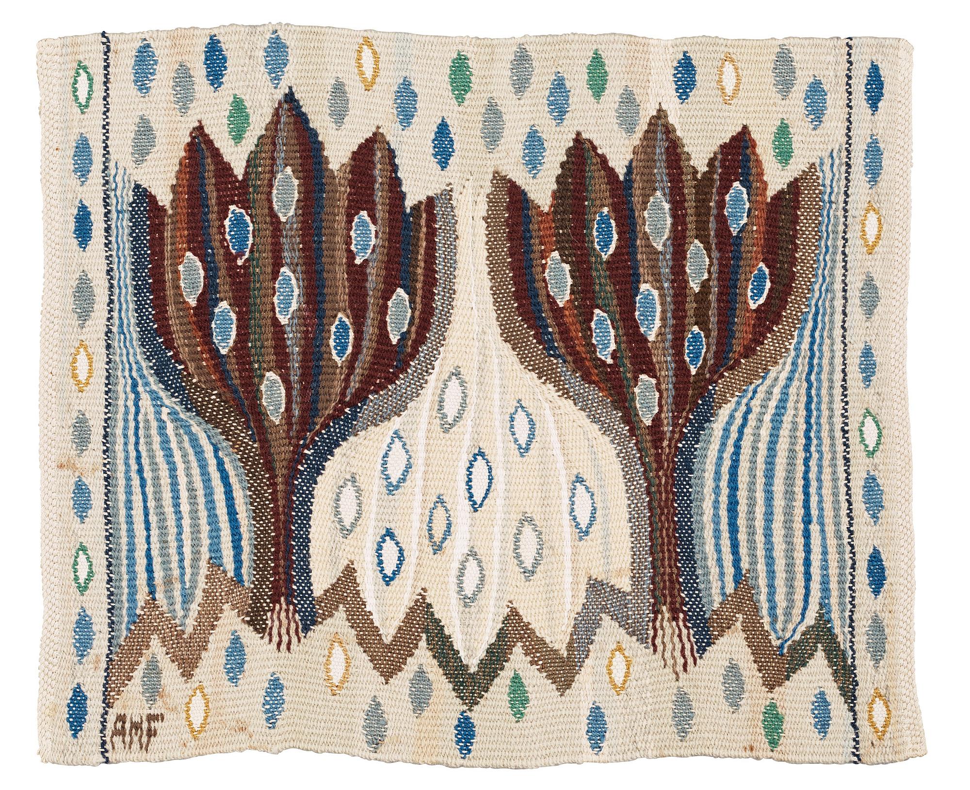 TEXTILE. "Blå crocus". Tapestry variant. 33 x 40 cm. Signed AMF.